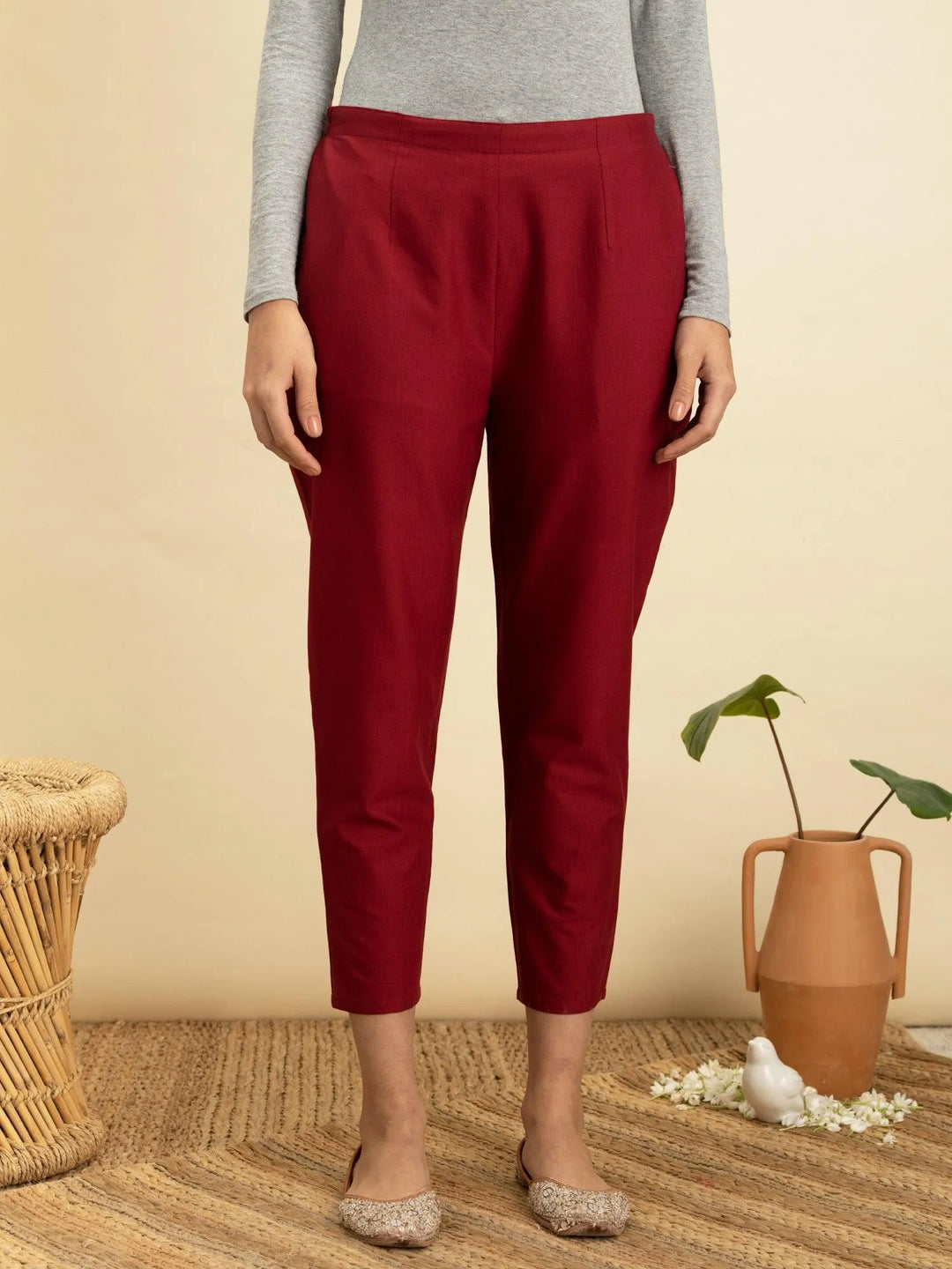 Maroon Solid Cotton Trousers - Libas 