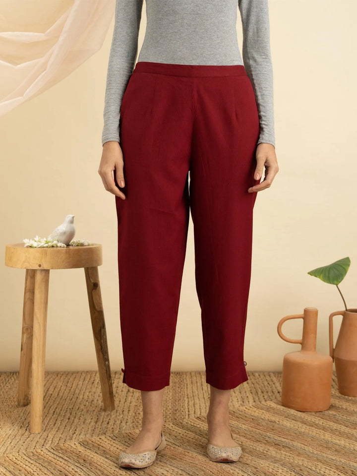 Maroon Solid Cotton Trousers - Libas