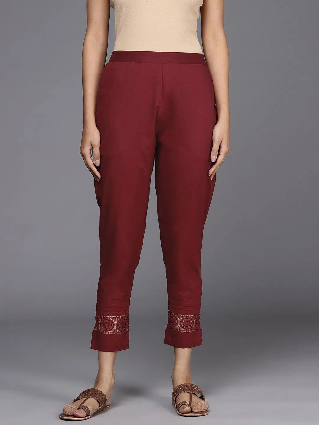 Maroon Solid Cotton Trousers - Libas