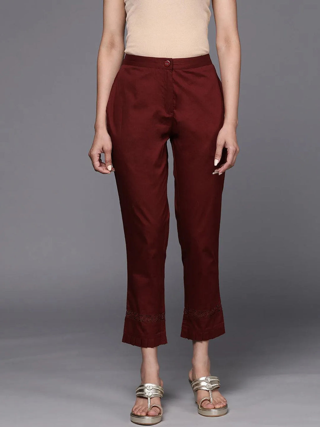 Buy Maroon Solid Cotton Trousers Online at Rs.713