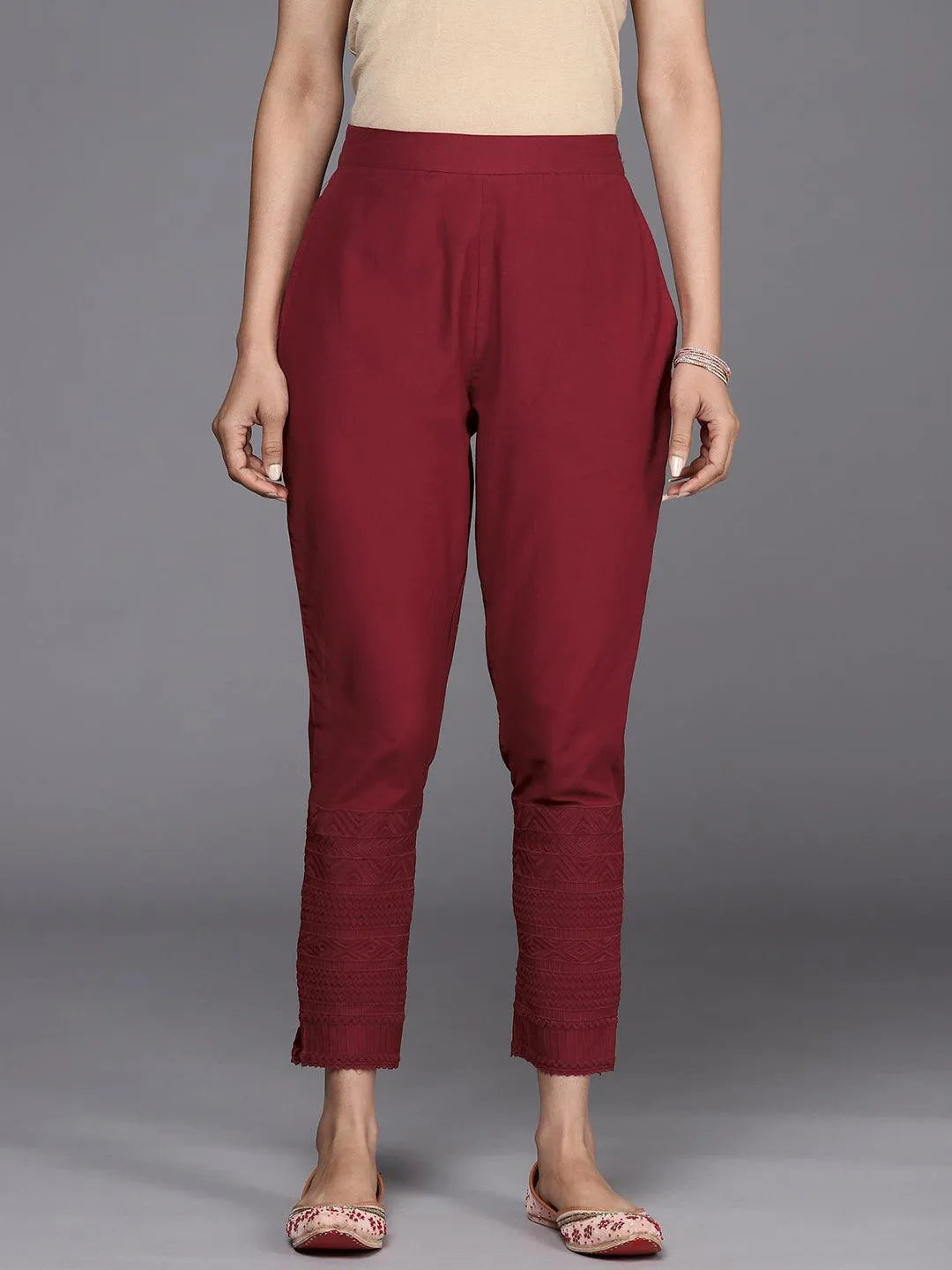 Maroon Solid Cotton Trousers - Libas