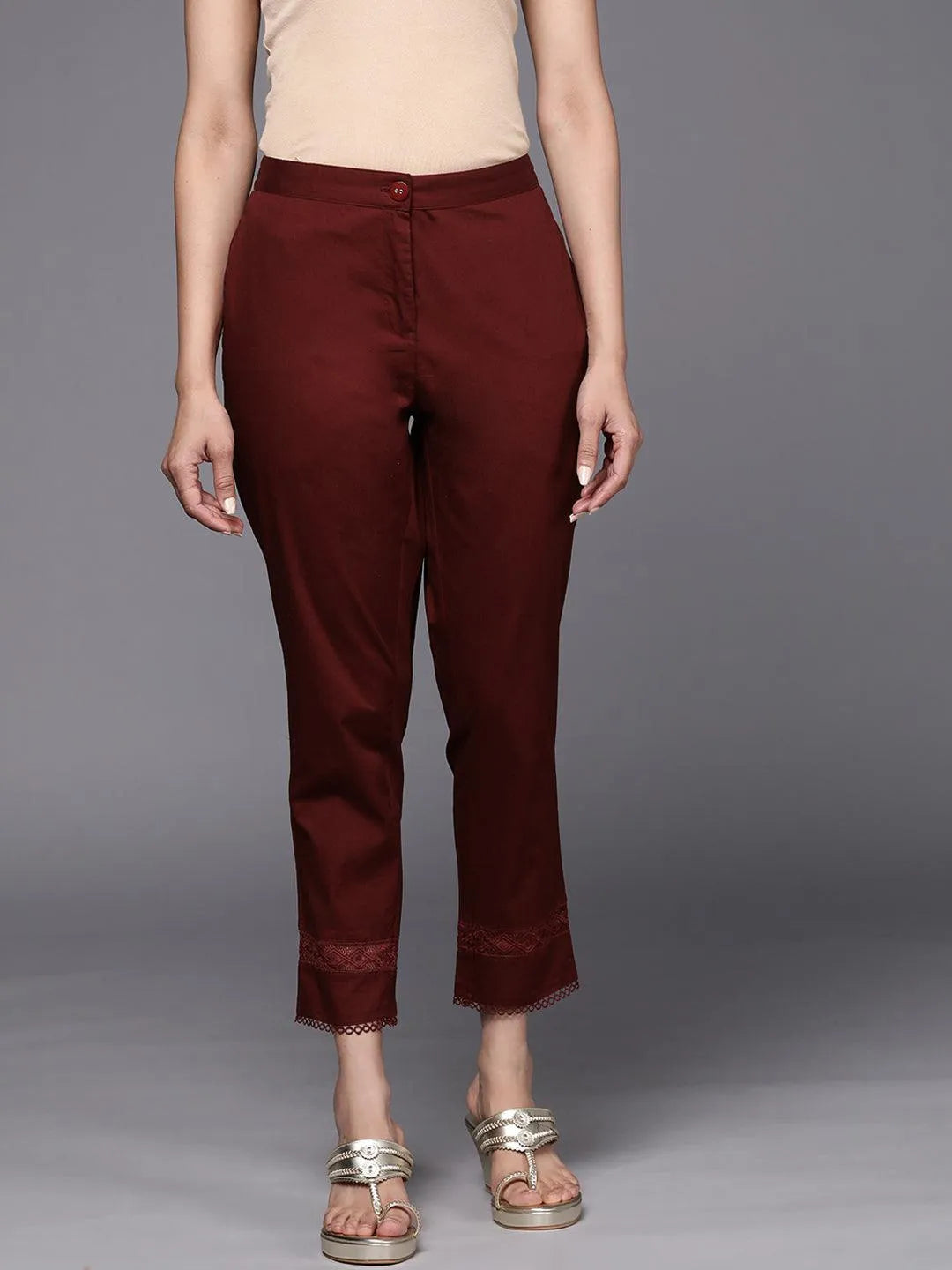 Maroon Solid Cotton Trousers - Libas