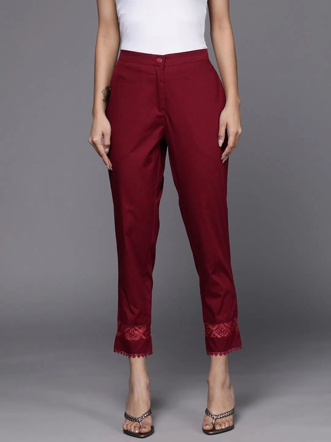 Maroon Solid Cotton Trousers - Libas