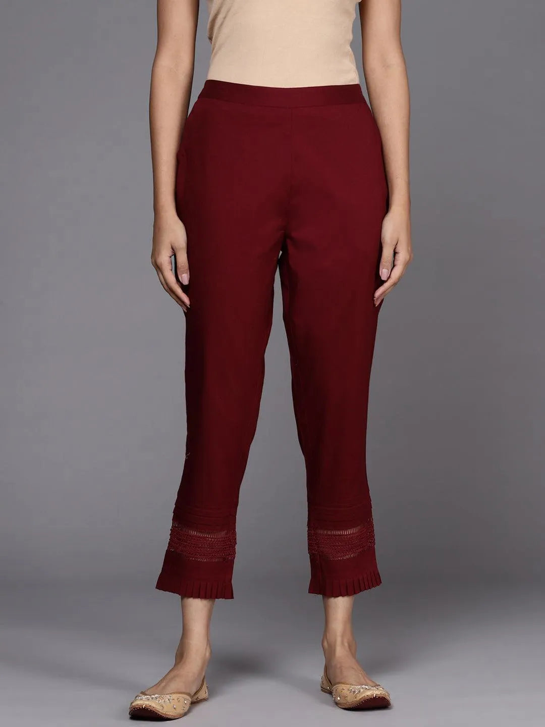 Maroon Solid Cotton Trousers - Libas