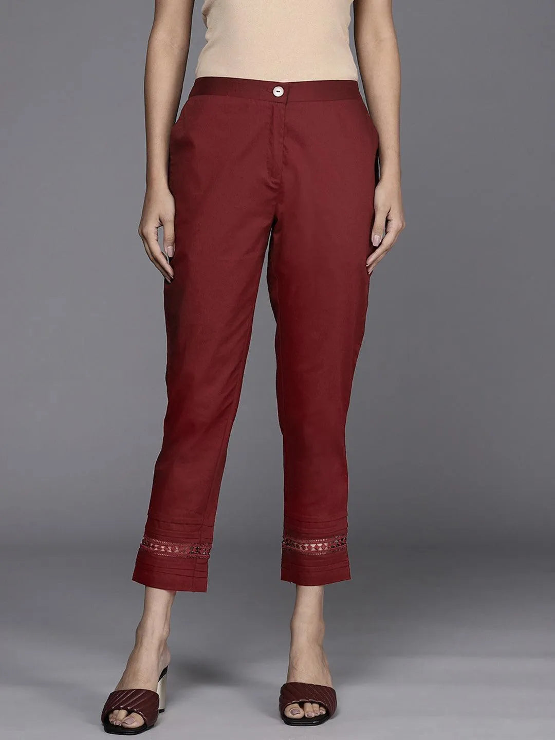 Maroon Solid Cotton Trousers - Libas