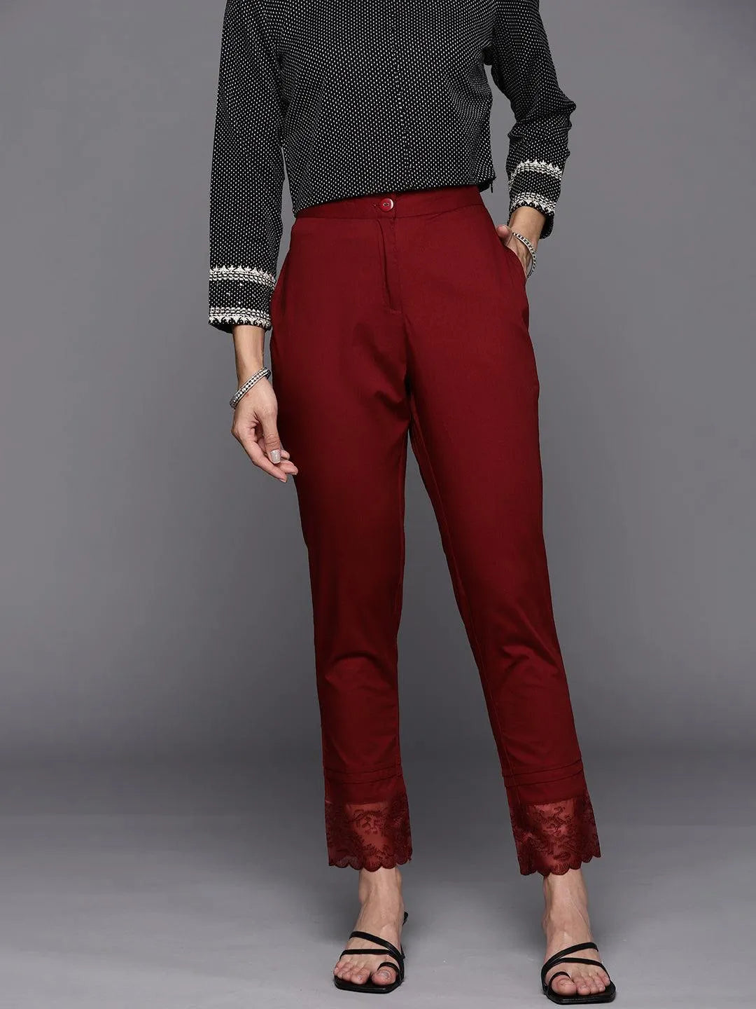 Maroon Solid Cotton Trousers - Libas