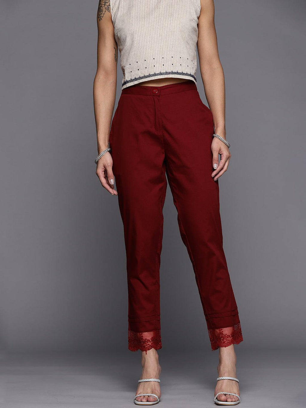 Buy Maroon Solid Cotton Trousers Online at Rs.629