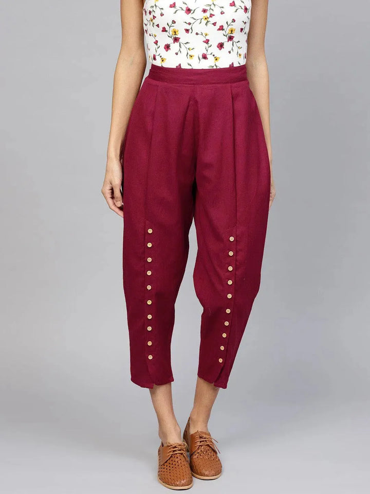 Maroon Solid Cotton Trousers - Libas