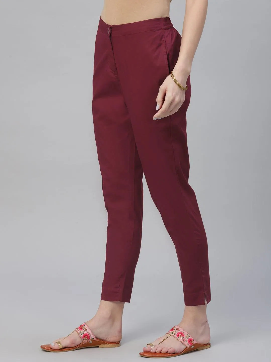 Maroon Solid Cotton Trousers - Libas