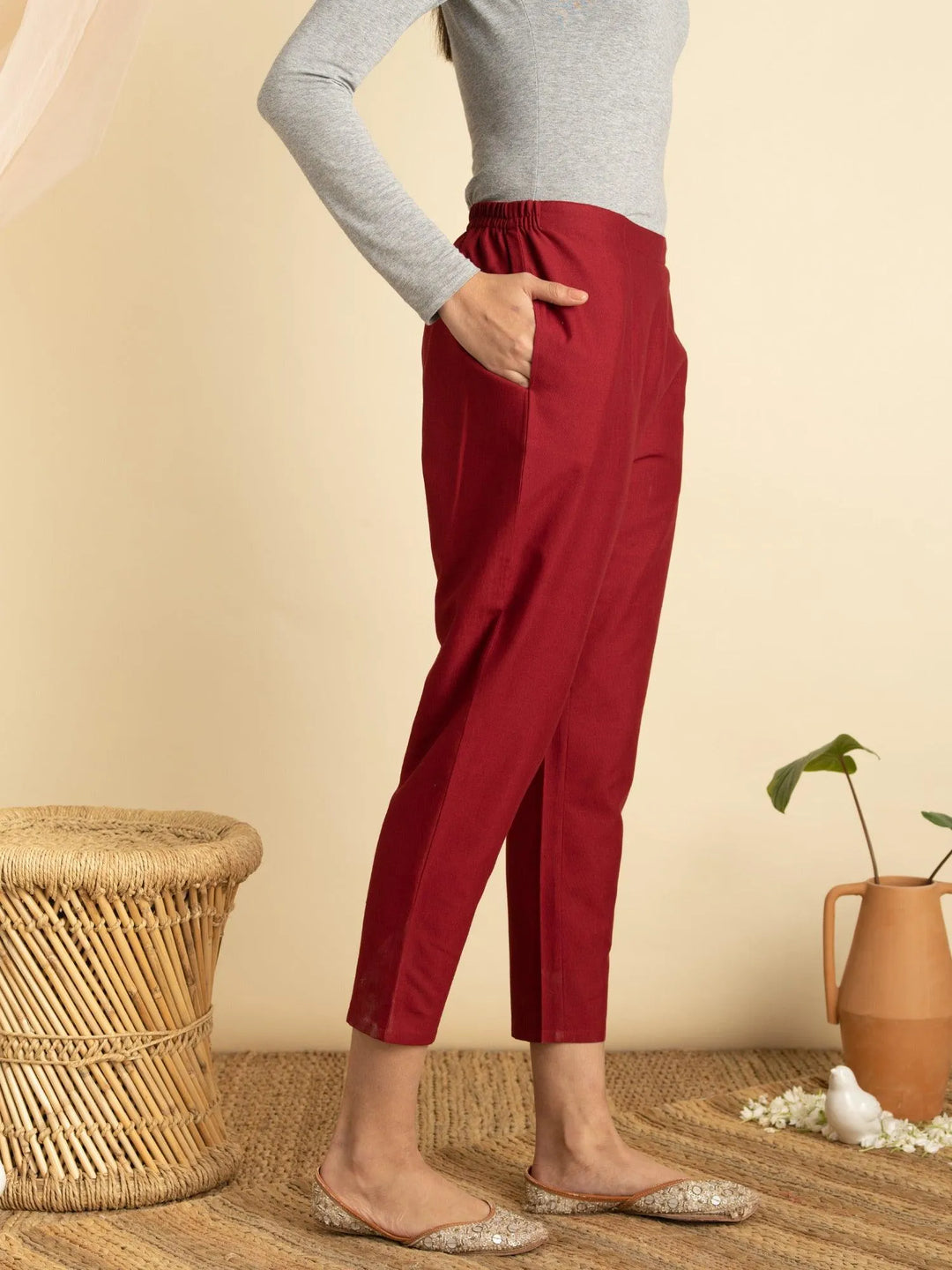 Maroon Solid Cotton Trousers - Libas 