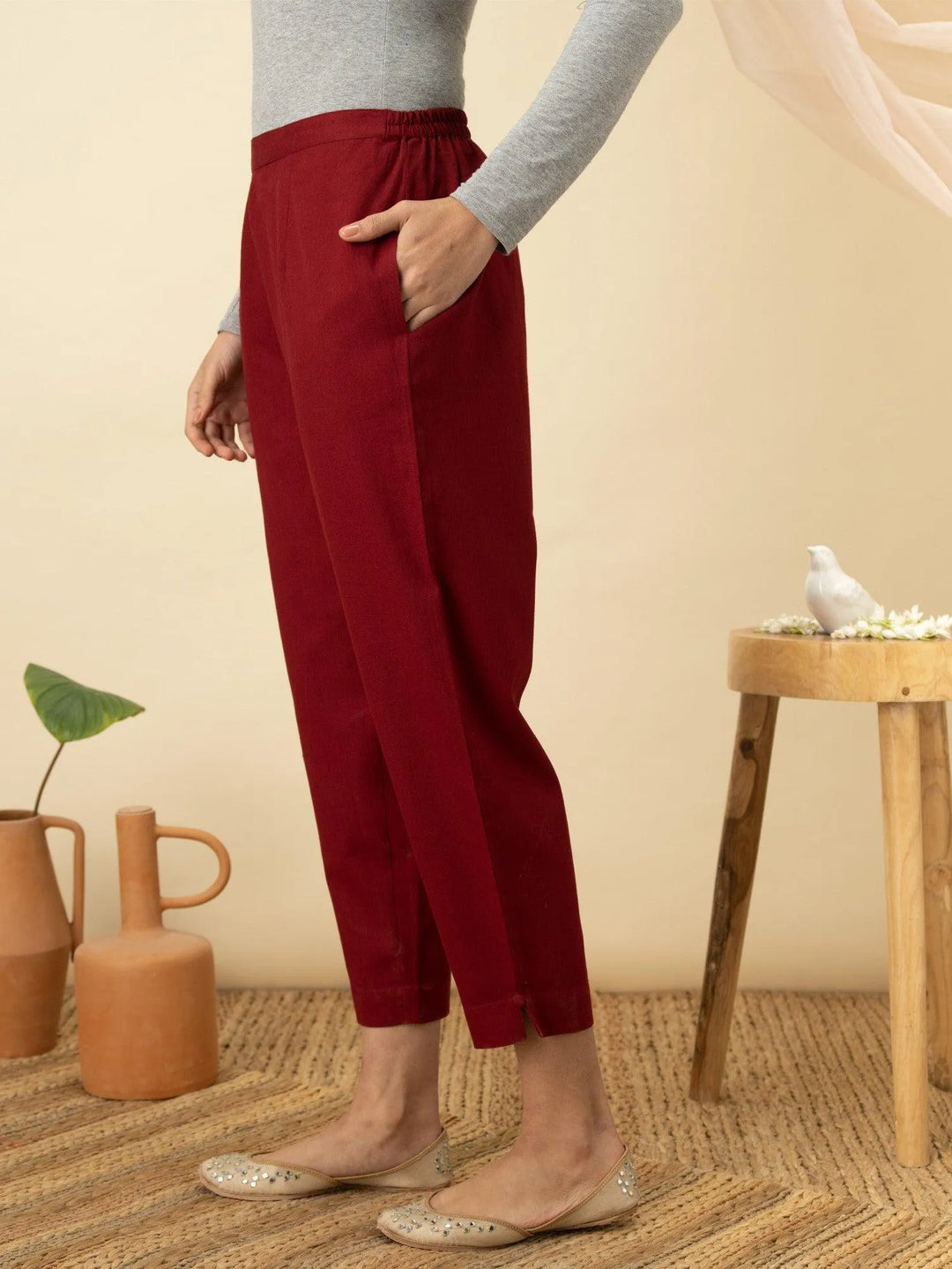 Maroon Solid Cotton Trousers - Libas 