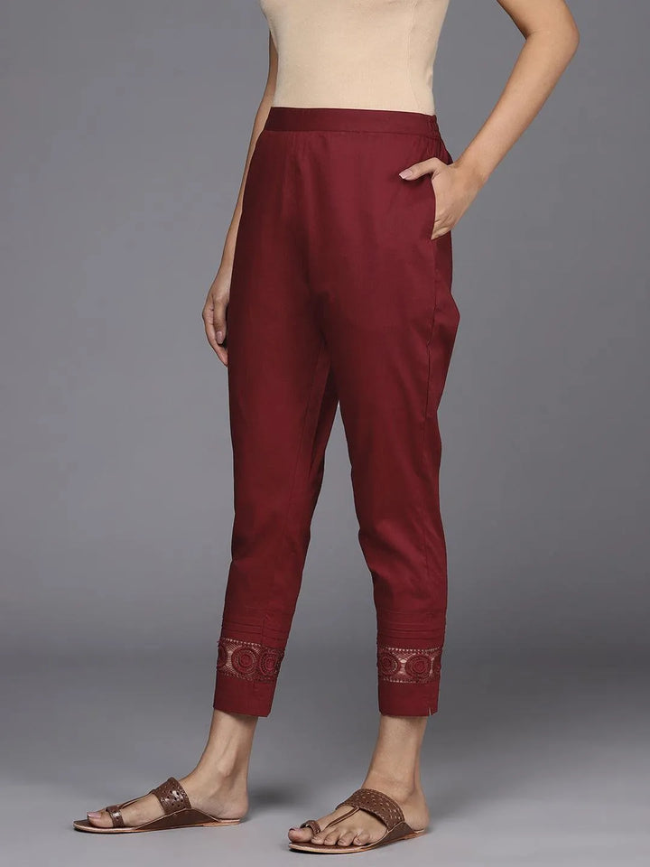 Maroon Solid Cotton Trousers - Libas