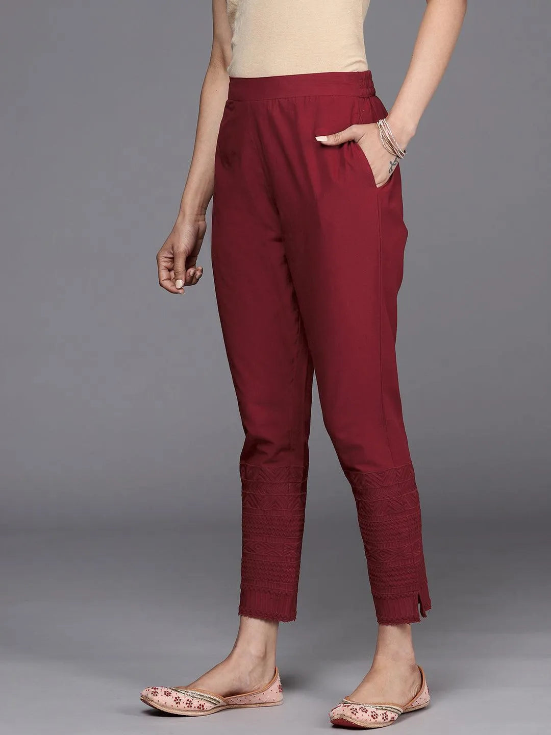 Maroon Solid Cotton Trousers - Libas