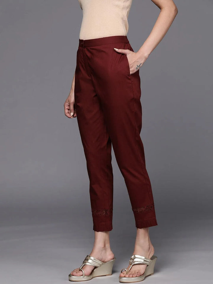 Maroon Solid Cotton Trousers - Libas