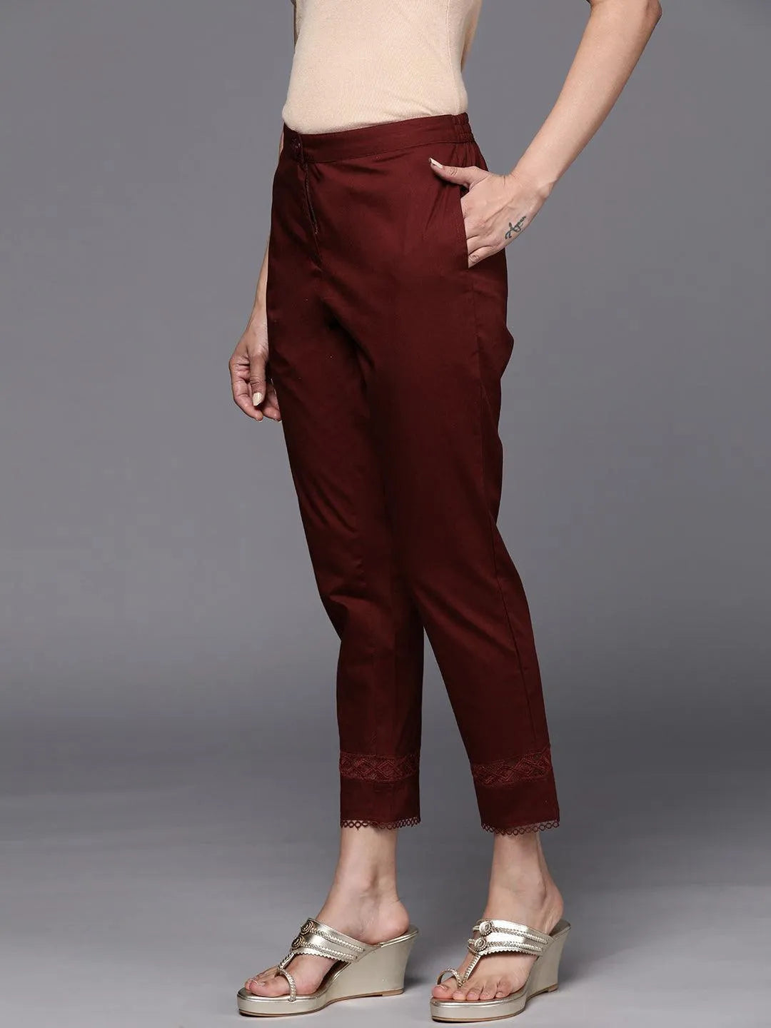 Maroon Solid Cotton Trousers - Libas