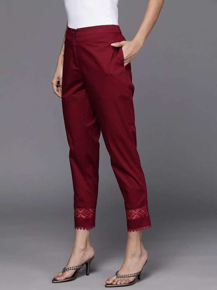 Maroon Solid Cotton Trousers - Libas