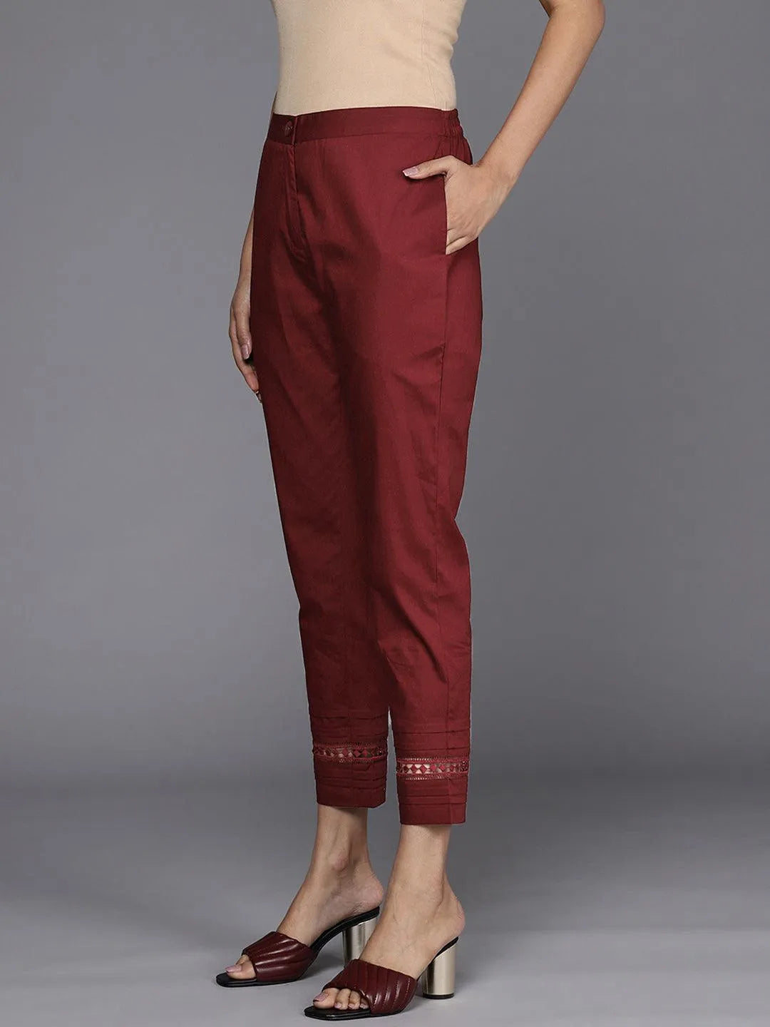 Maroon Solid Cotton Trousers - Libas