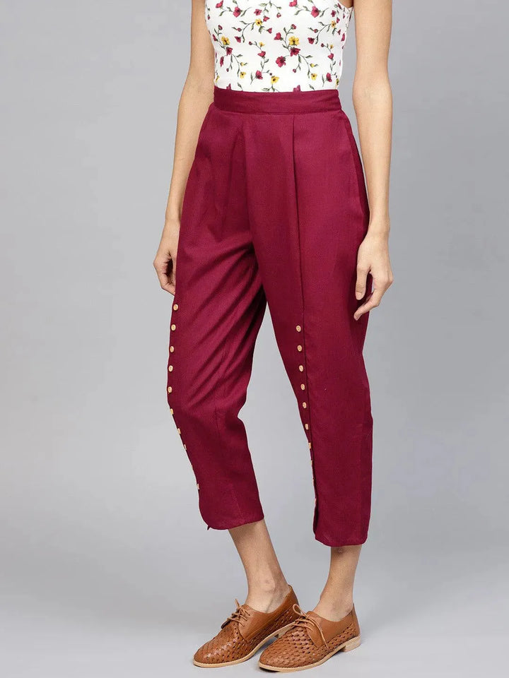 Maroon Solid Cotton Trousers - Libas