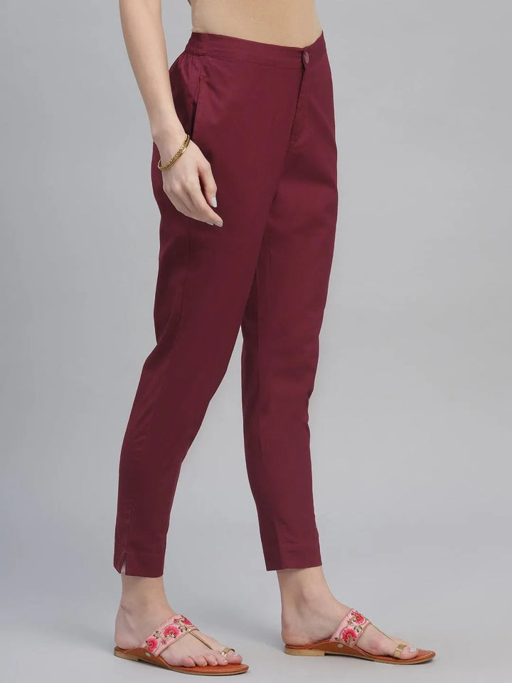 Maroon Solid Cotton Trousers - Libas