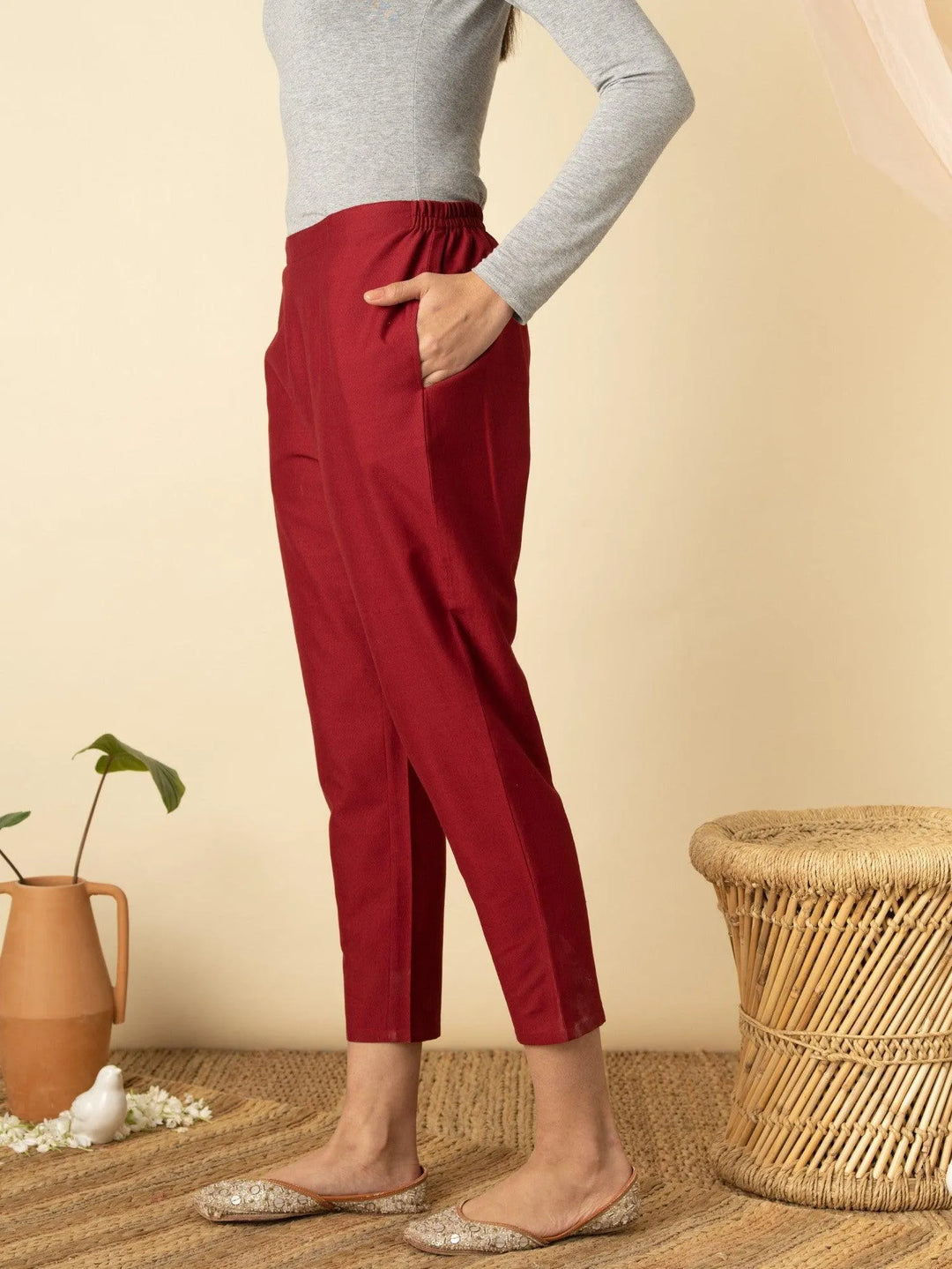 Maroon Solid Cotton Trousers - Libas 