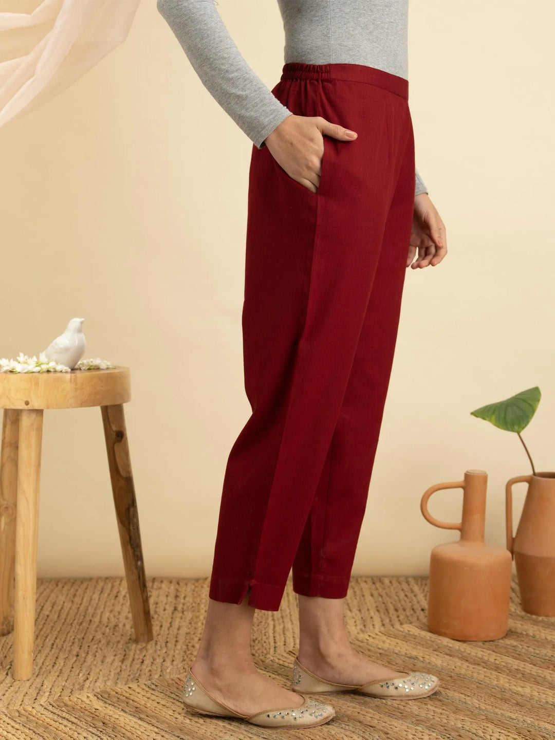 Maroon Solid Cotton Trousers - Libas 