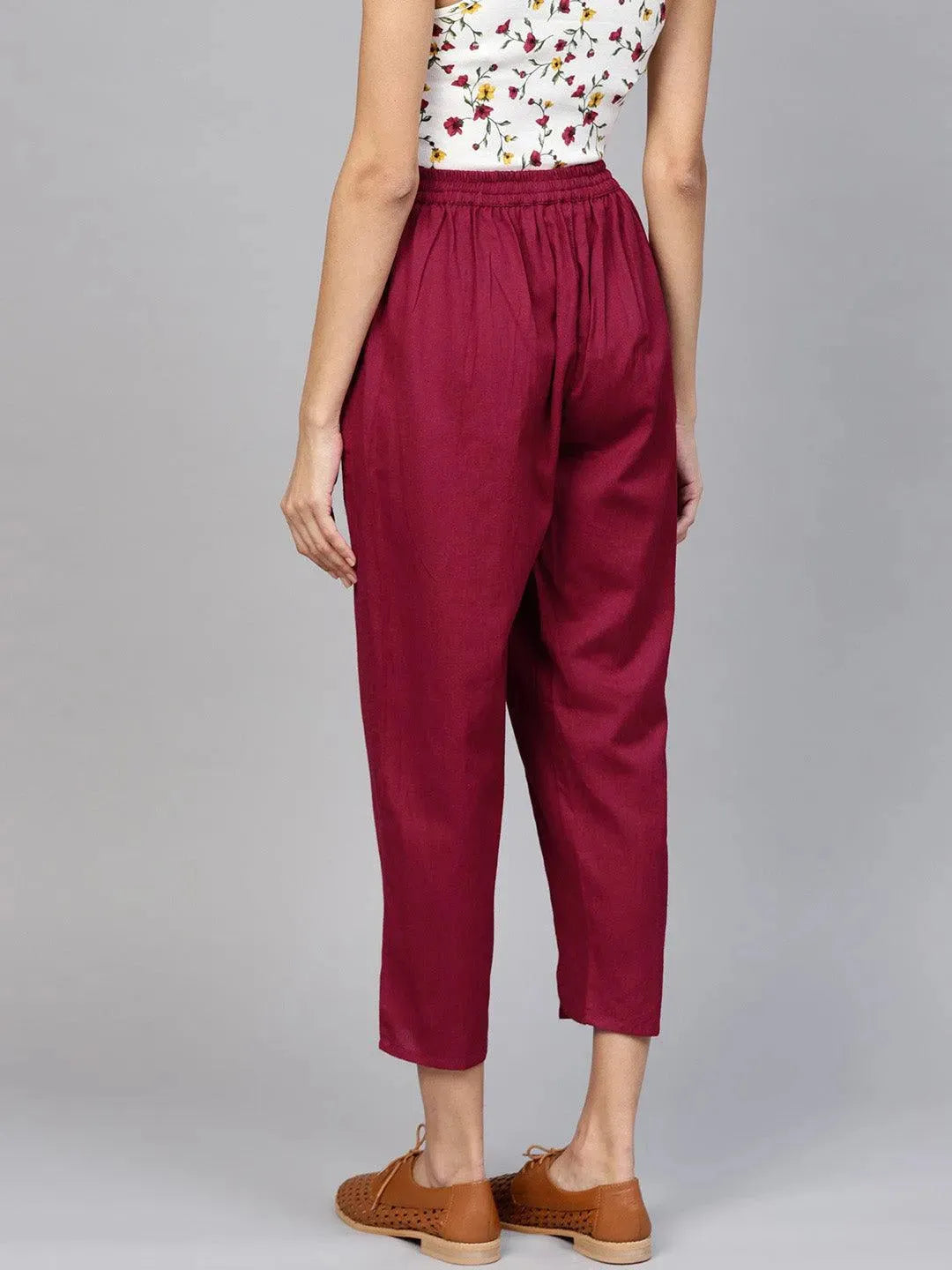 Maroon Solid Cotton Trousers - Libas 