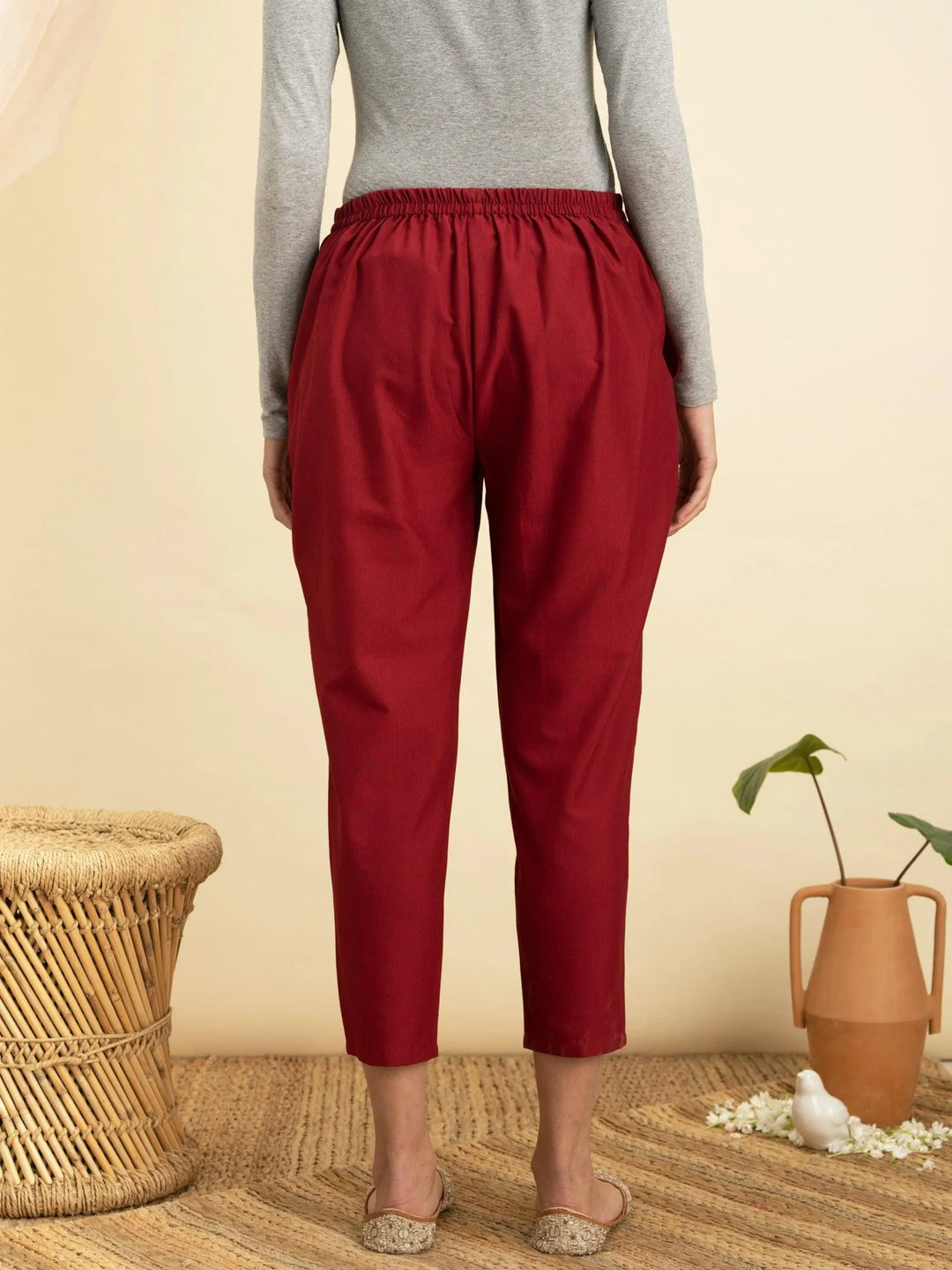 Maroon Solid Cotton Trousers - Libas