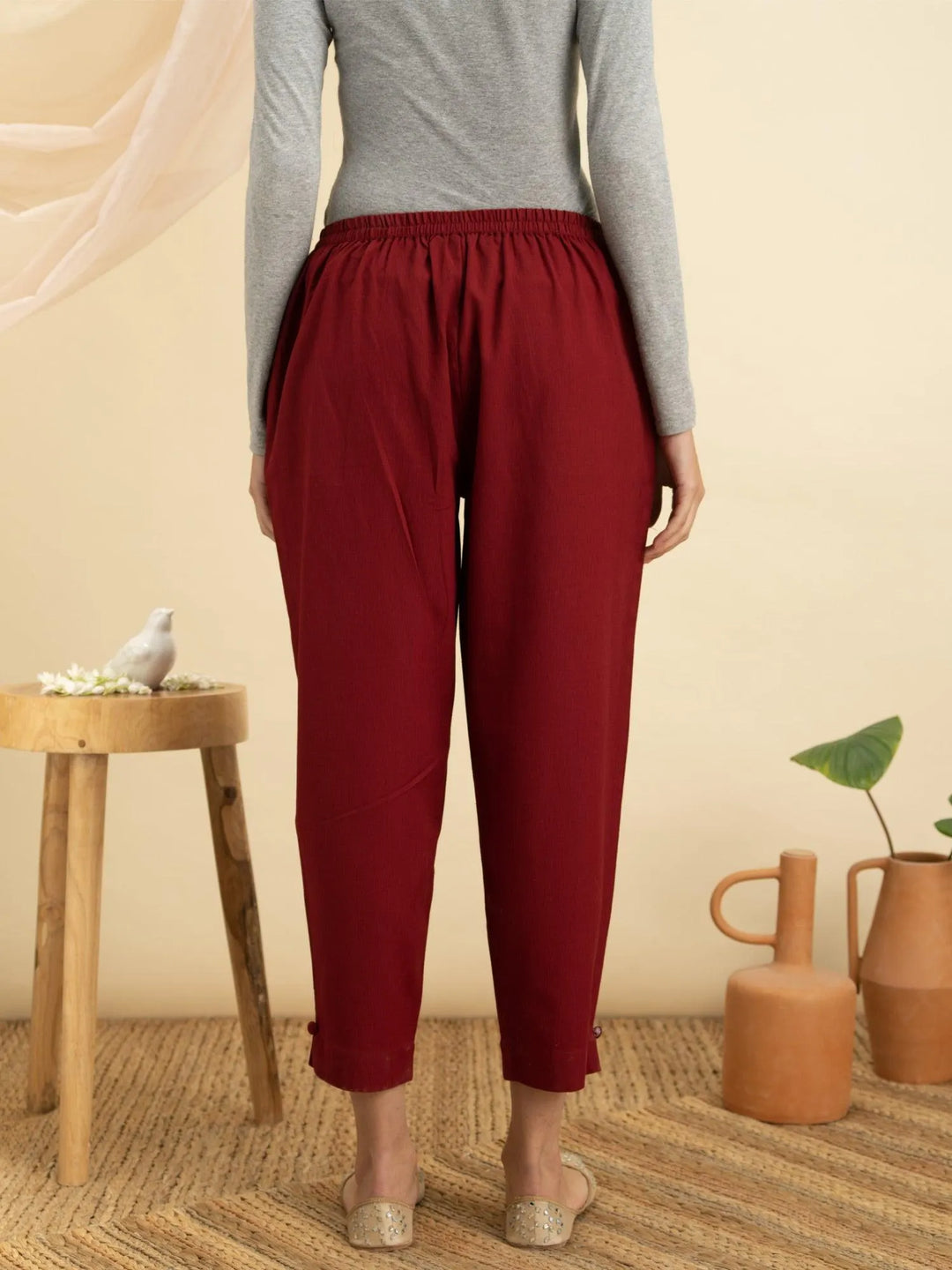 Maroon Solid Cotton Trousers - Libas 