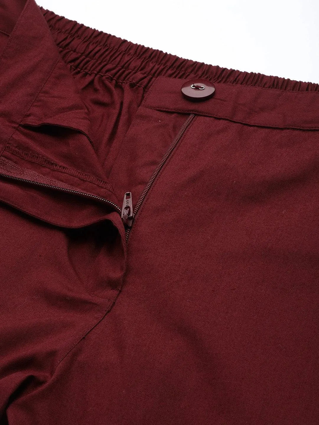 Maroon Solid Cotton Trousers - Libas