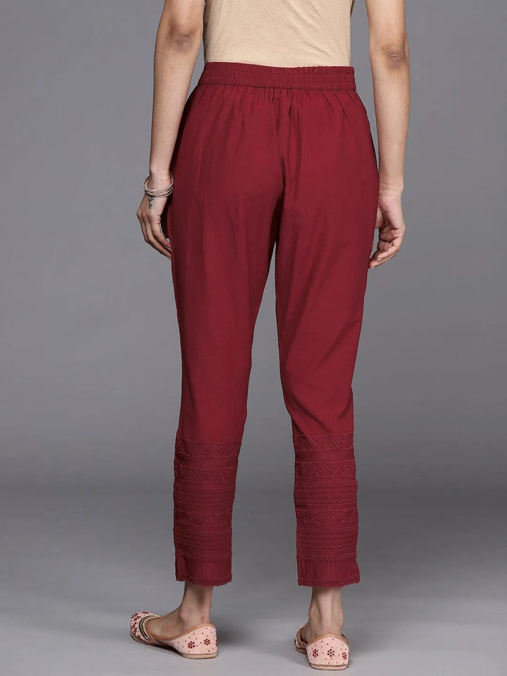 Maroon Solid Cotton Trousers - Libas