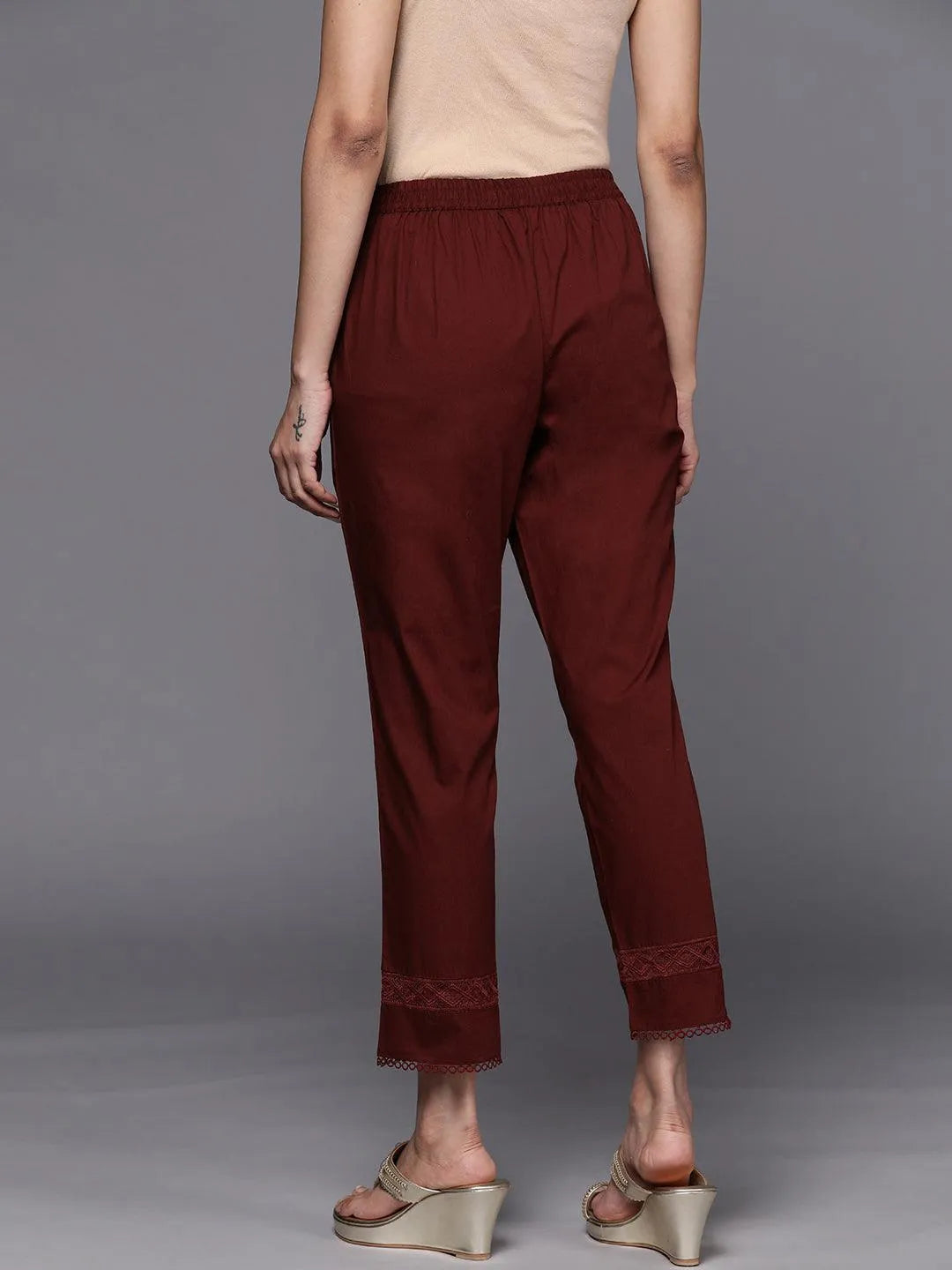 Maroon Solid Cotton Trousers - Libas