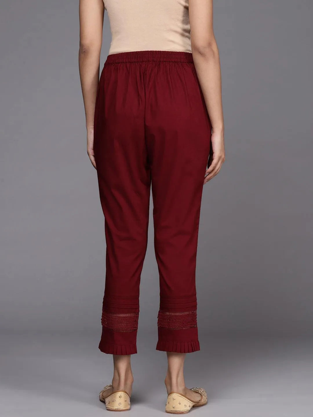 Maroon Solid Cotton Trousers - Libas