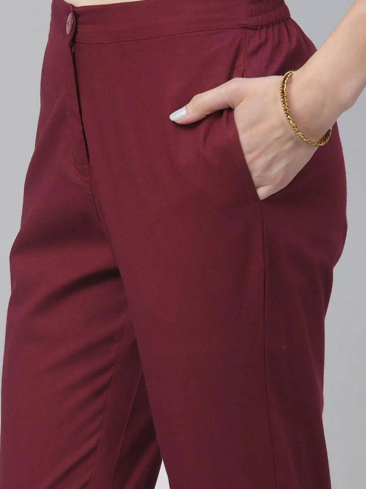 Maroon Solid Cotton Trousers - Libas