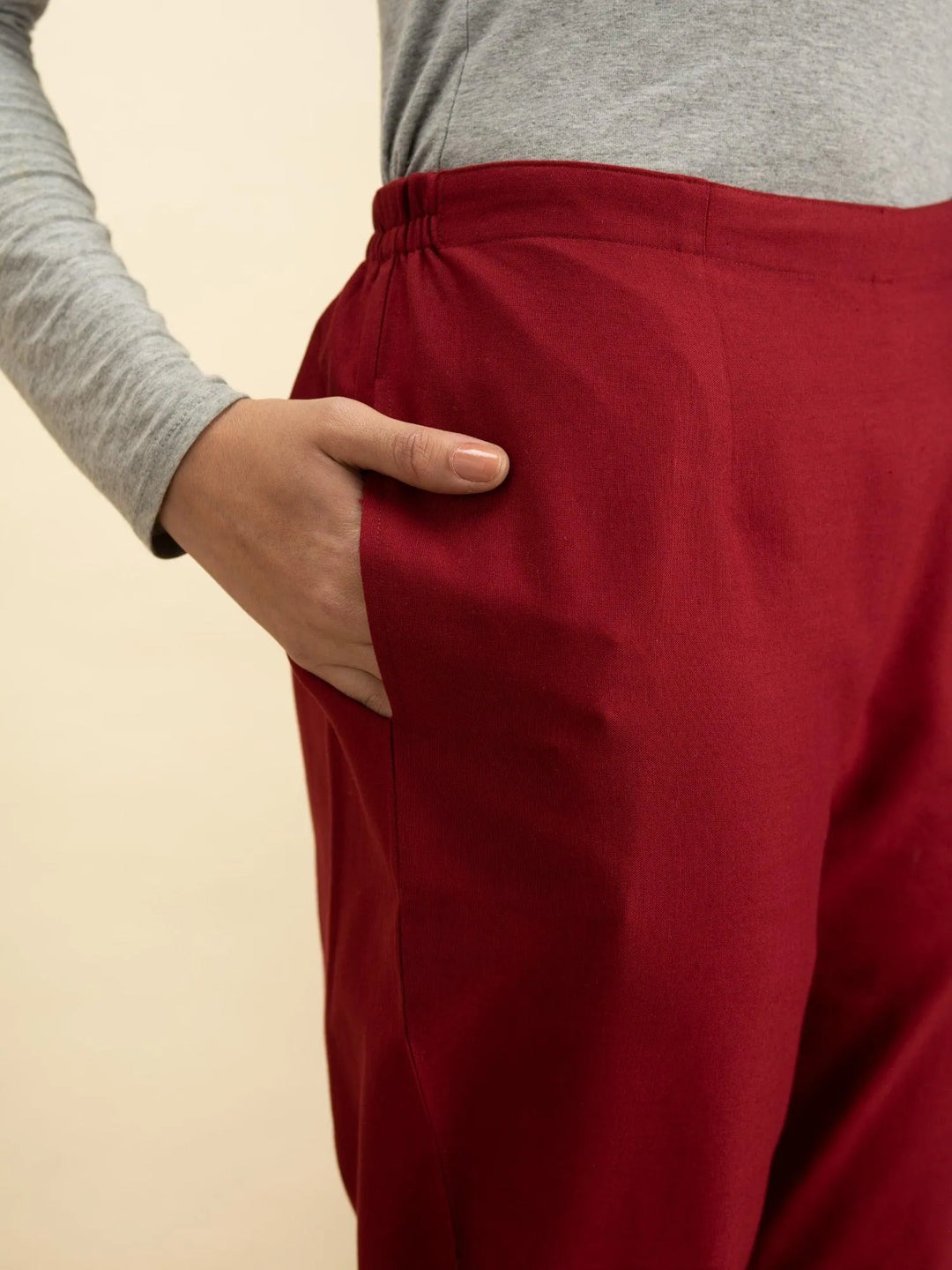 Maroon Solid Cotton Trousers - Libas 