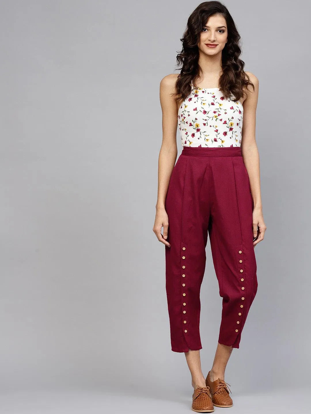 Maroon Solid Cotton Trousers - Libas