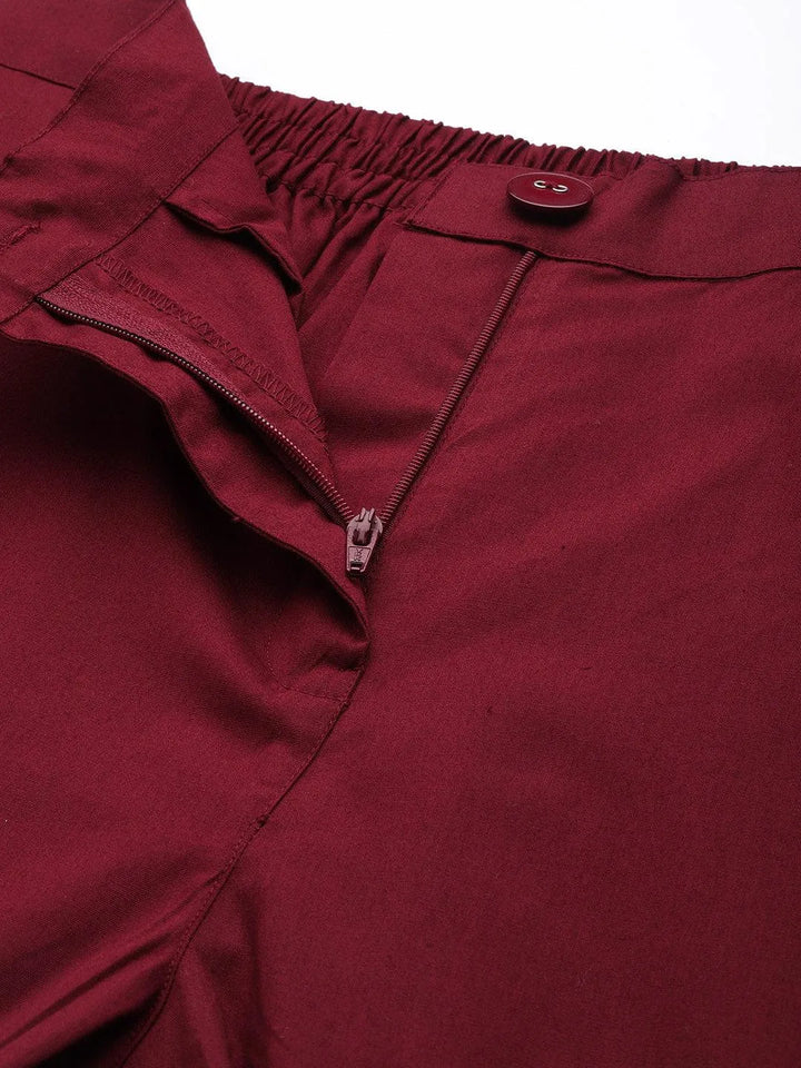 Maroon Solid Cotton Trousers - Libas