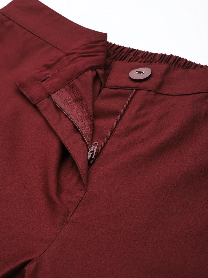 Maroon Solid Cotton Trousers - Libas