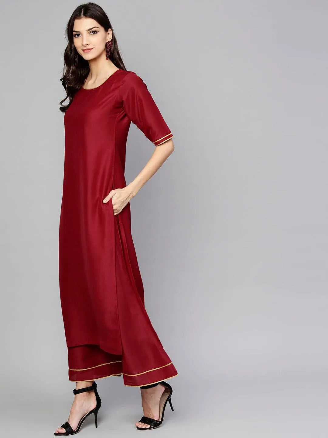 Maroon Solid Muslin Suit Set - Libas 