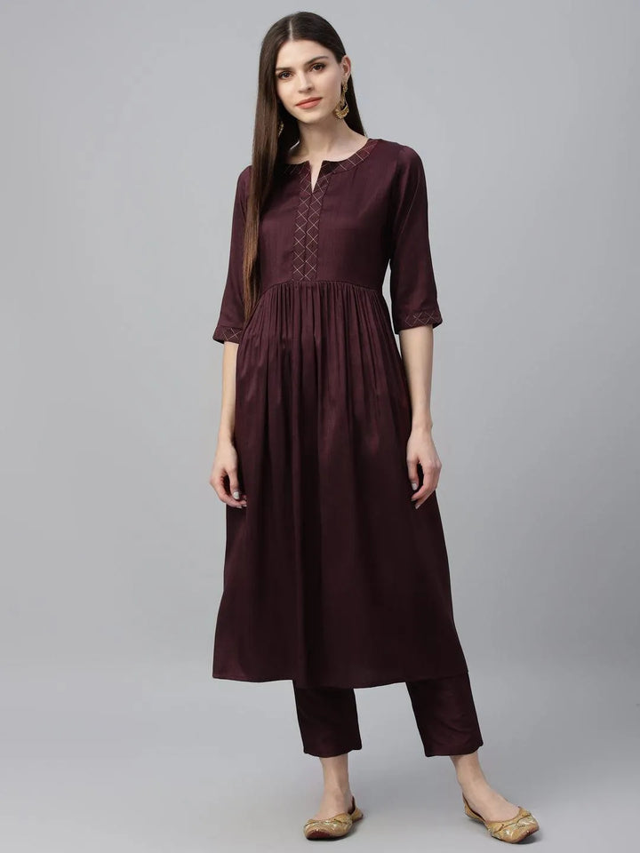 Maroon Solid Polyester Kurta Set - Libas