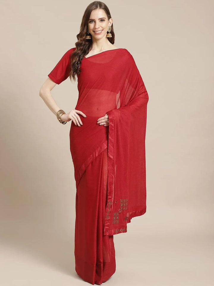 Maroon Solid Polyester Saree - Libas