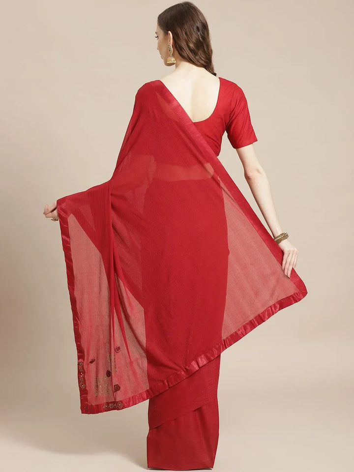 Maroon Solid Polyester Saree - Libas