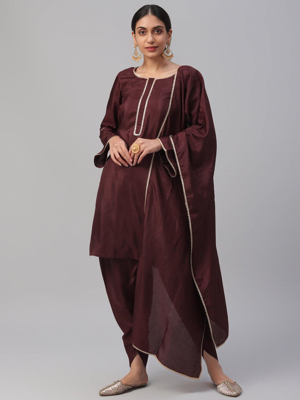 maroon solid polyester straight kurta with dhoti pant and dupatta libas