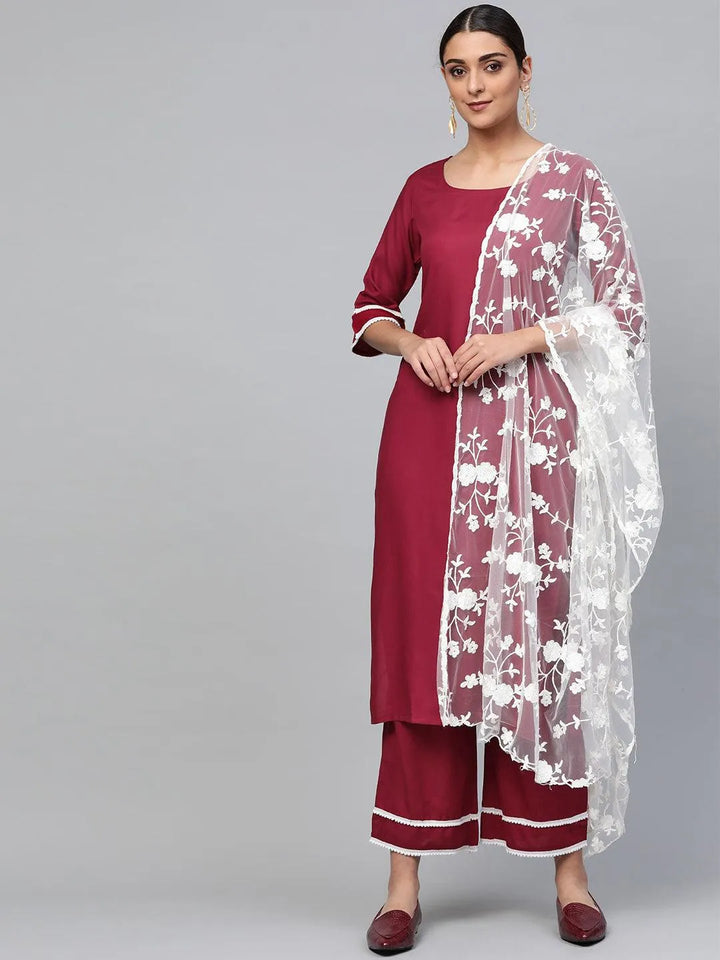 Maroon Solid Polyester Suit Set - Libas