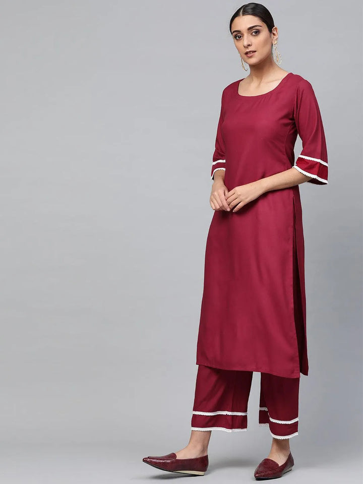 Maroon Solid Polyester Suit Set - Libas