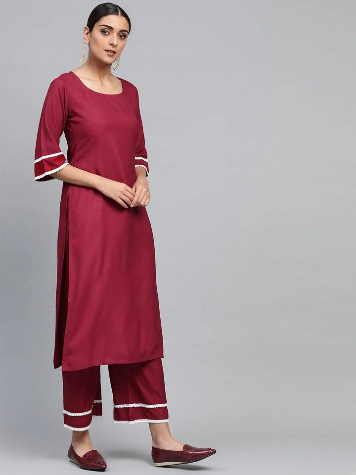 Maroon Solid Polyester Suit Set - Libas