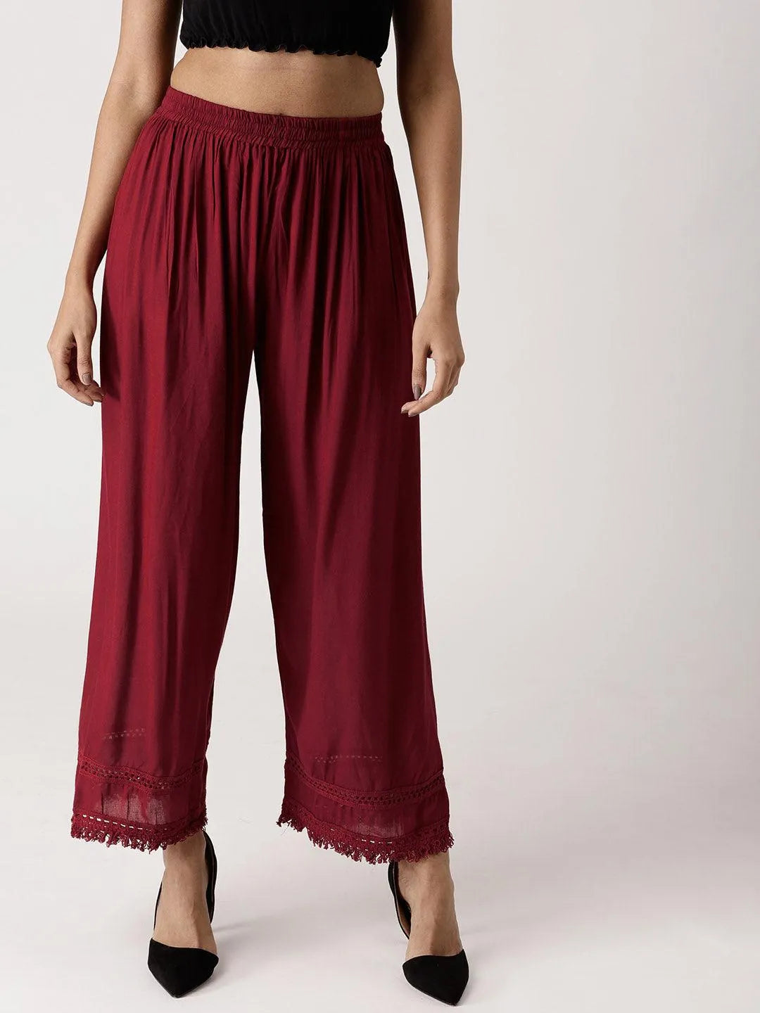 Maroon Solid Rayon Palazzos - Libas