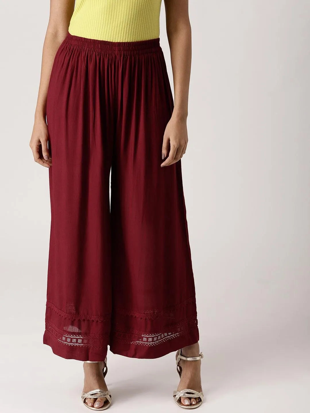 Maroon Solid Rayon Palazzos - Libas