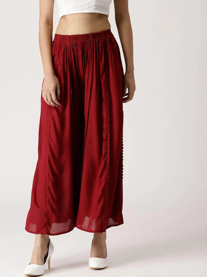 Maroon Solid Rayon Palazzos - Libas