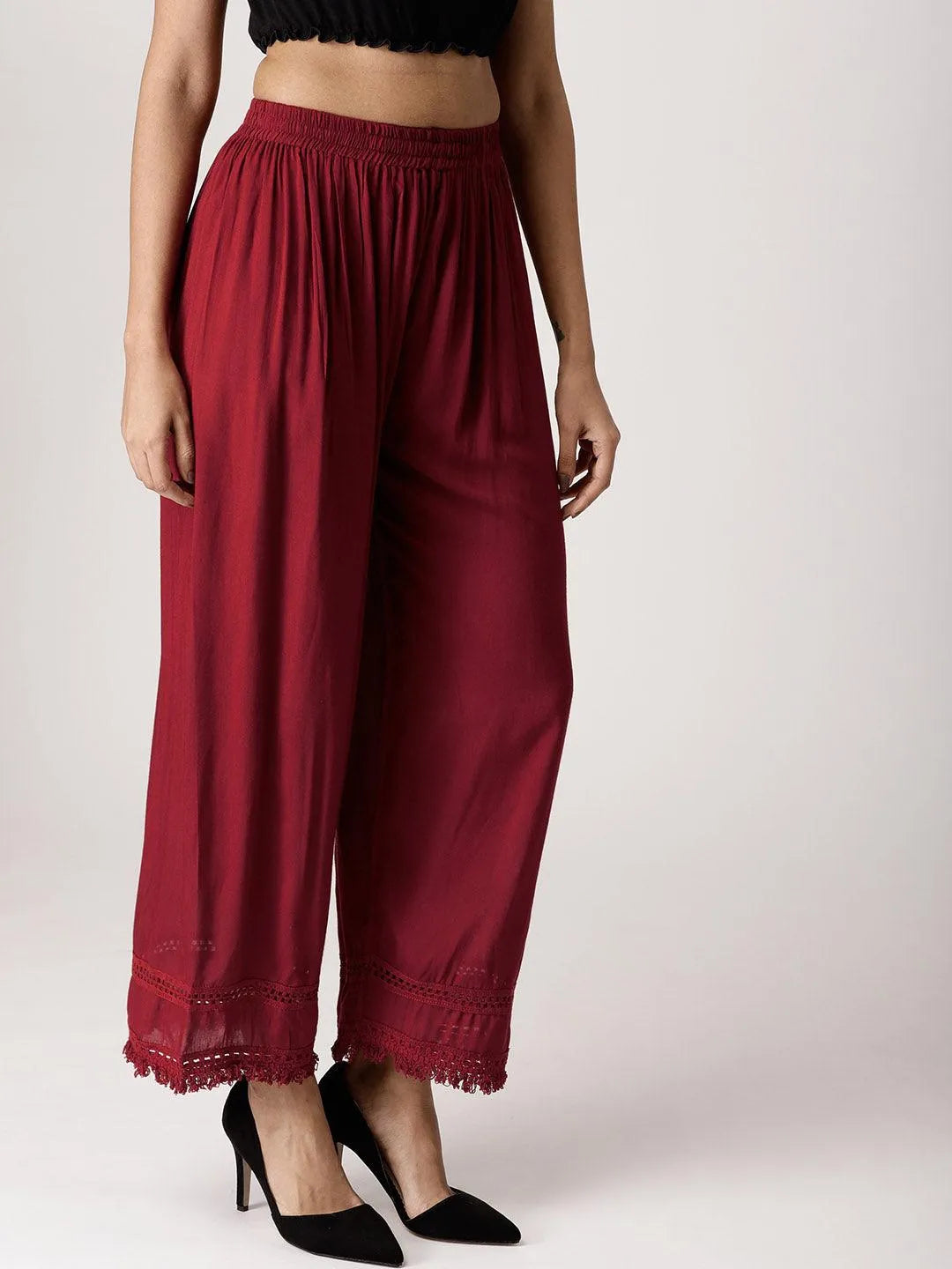 Maroon Solid Rayon Palazzos - Libas