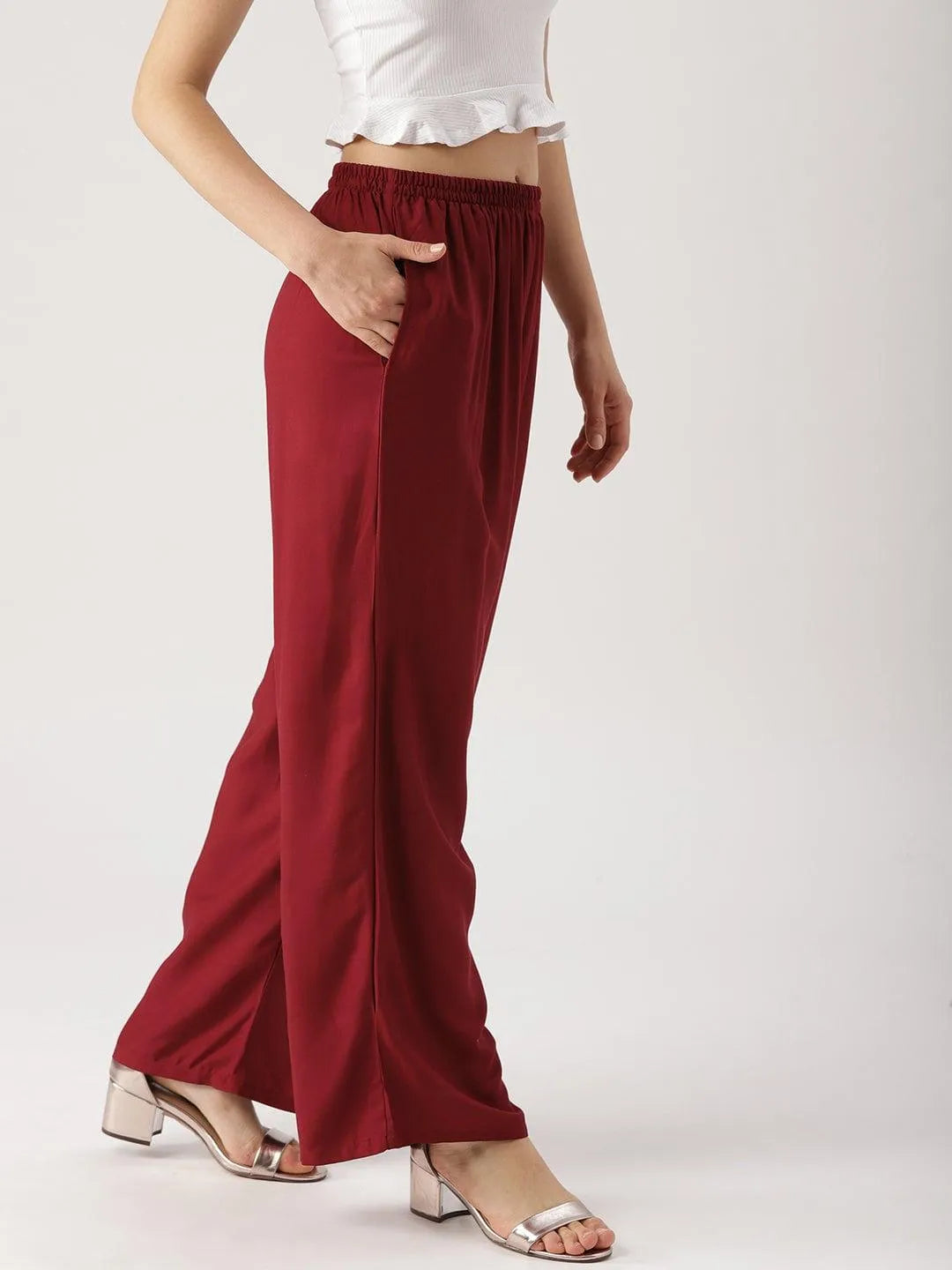 Maroon Solid Rayon Palazzos - Libas 